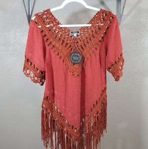Beautiful Crochet Fringe Rust Top